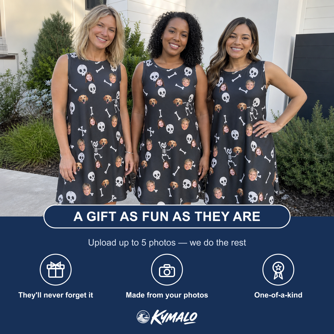 Friends in matching Women's Rattle Rascals Custom Face Tank Dress — a group gift photo