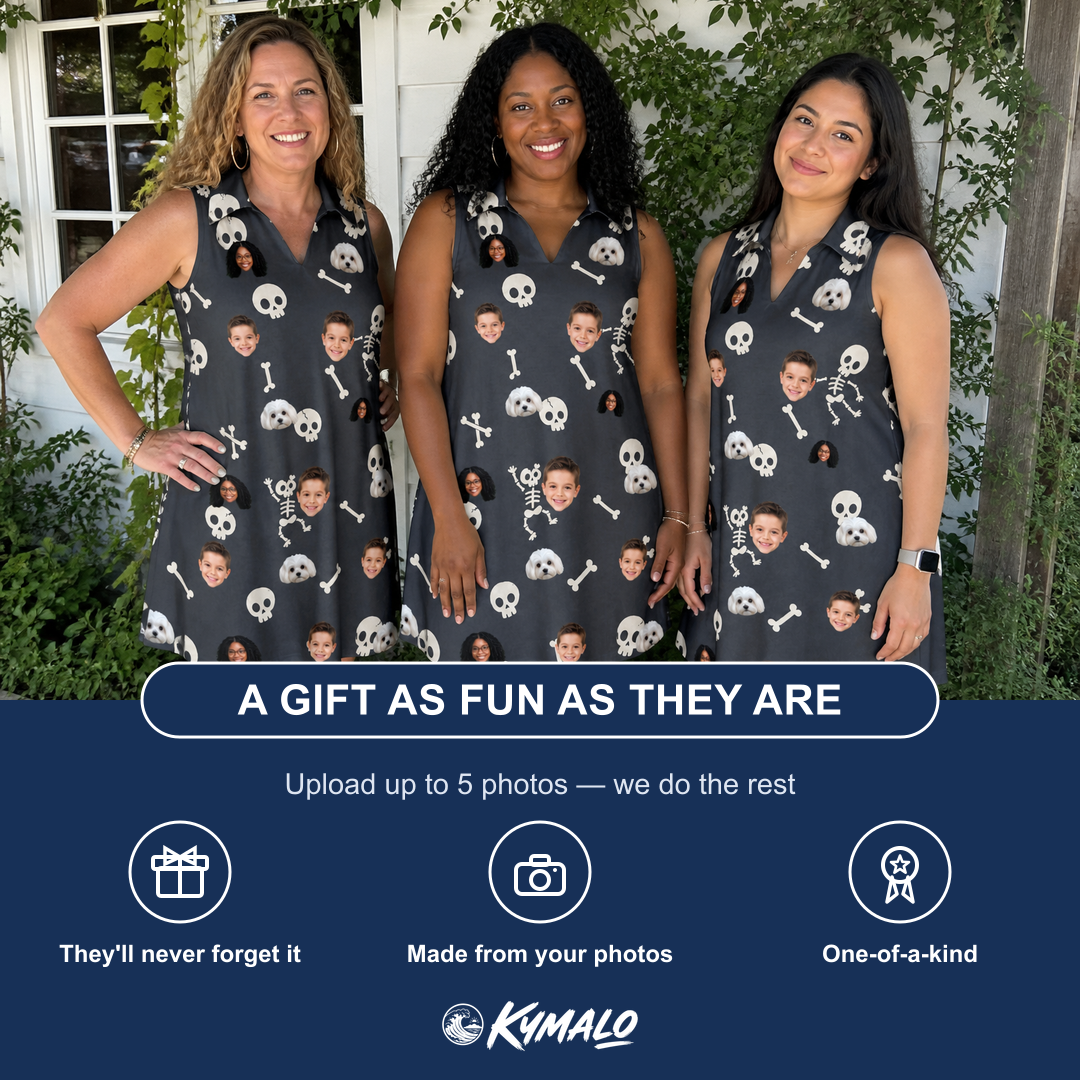 Friends in matching Women's Rattle Rascals Custom Face V-Neck Dress — a group gift photo