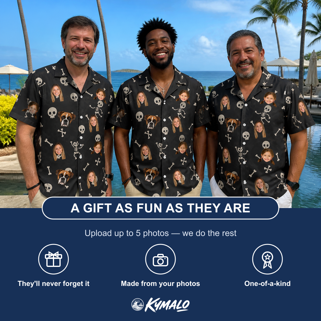 Friends in matching Men's Rattle Rascals Custom Face Hawaiian Shirt — a group gift photo