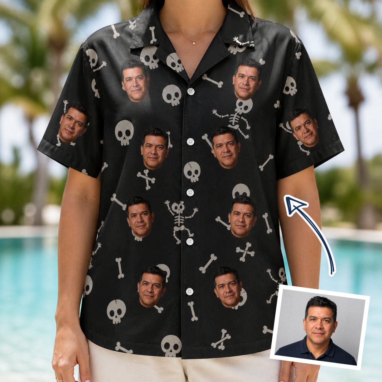 Woman wearing Women's Rattle Rascals Custom Face Hawaiian Shirt — custom faces printed all-over