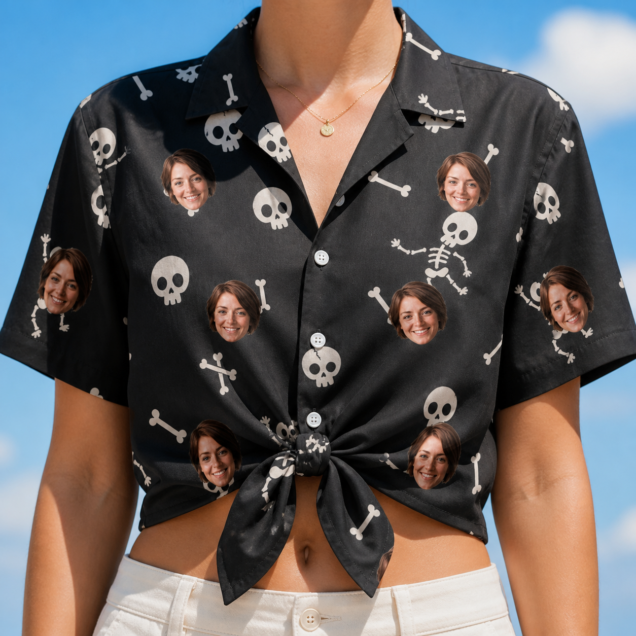 Woman wearing Women's Rattle Rascals Custom Face Hawaiian Shirt tied at the waist