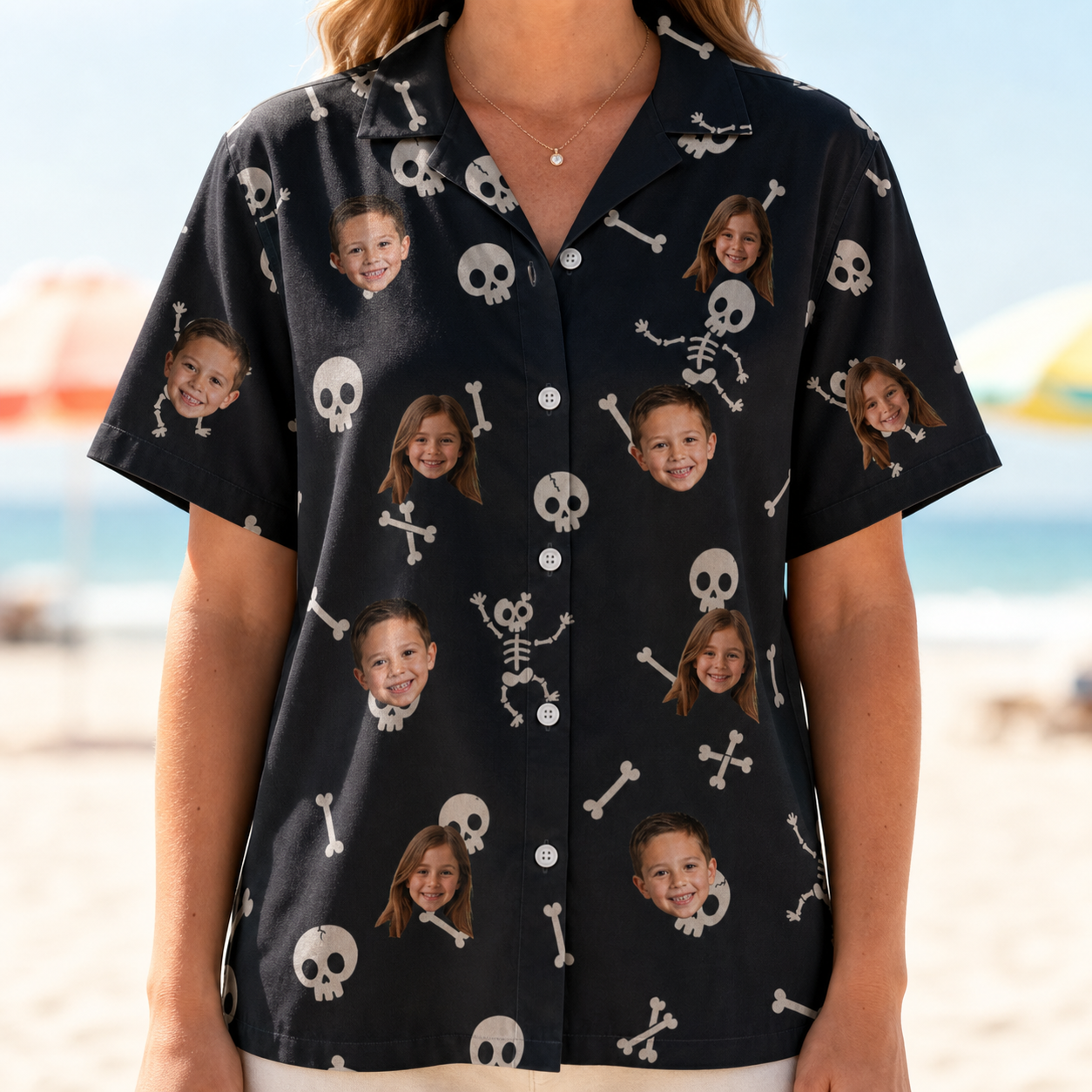Model wearing Women's Rattle Rascals Custom Face Hawaiian Shirt printed with kids' faces