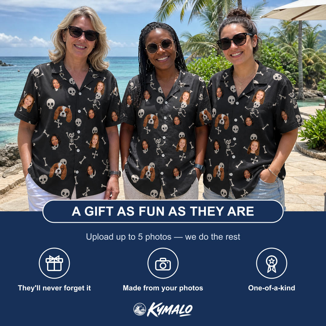 Friends in matching Women's Rattle Rascals Custom Face Hawaiian Shirt — a group gift photo