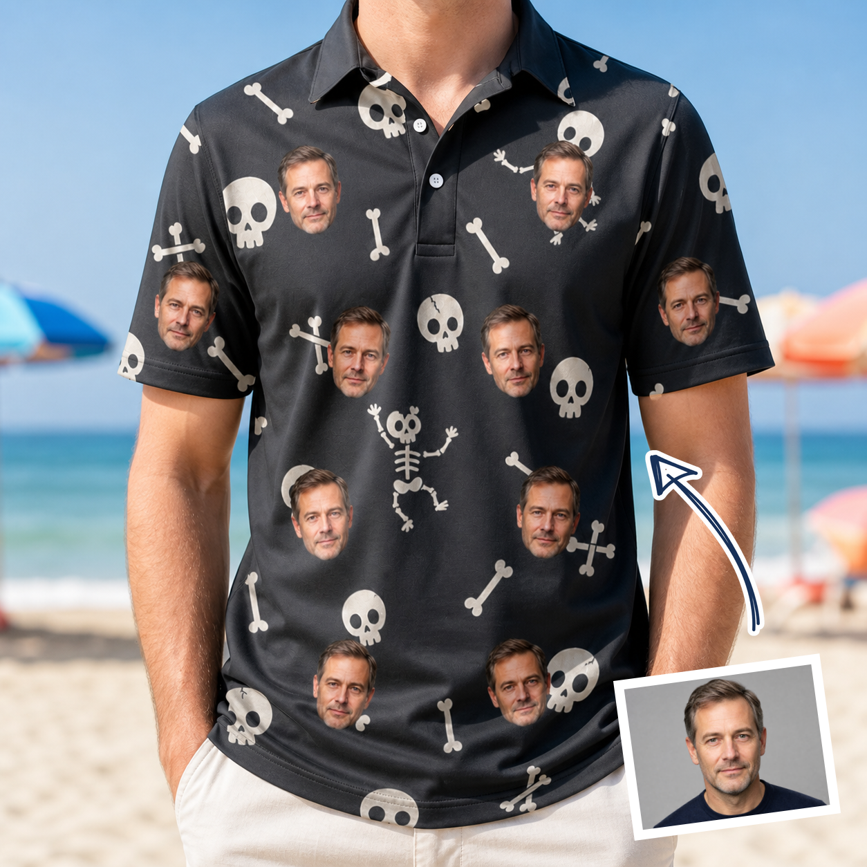 Man wearing Men's Rattle Rascals Custom Face Polo Shirt — custom faces printed all-over