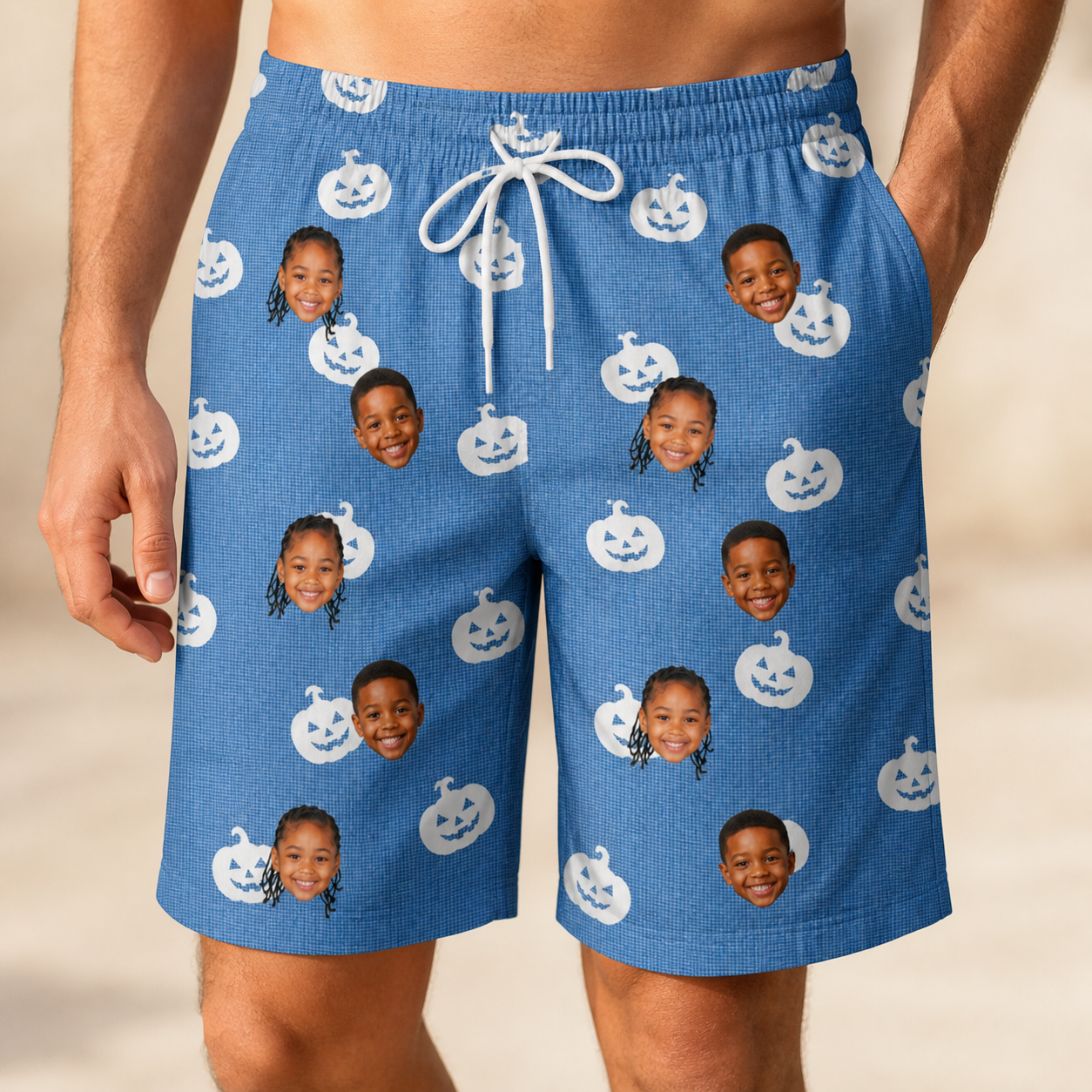 Model wearing Men's Autumn Orbs Custom Face Beach Shorts printed with kids' faces
