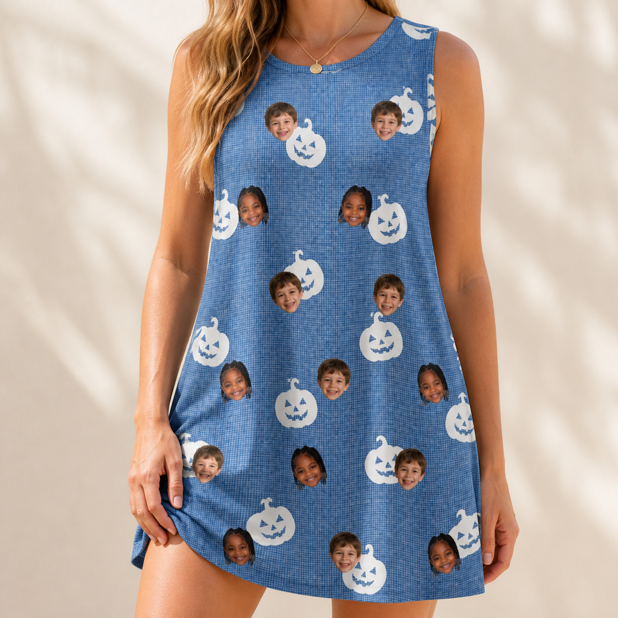 Model wearing Women's Autumn Orbs Custom Face Tank Dress printed with kids' faces