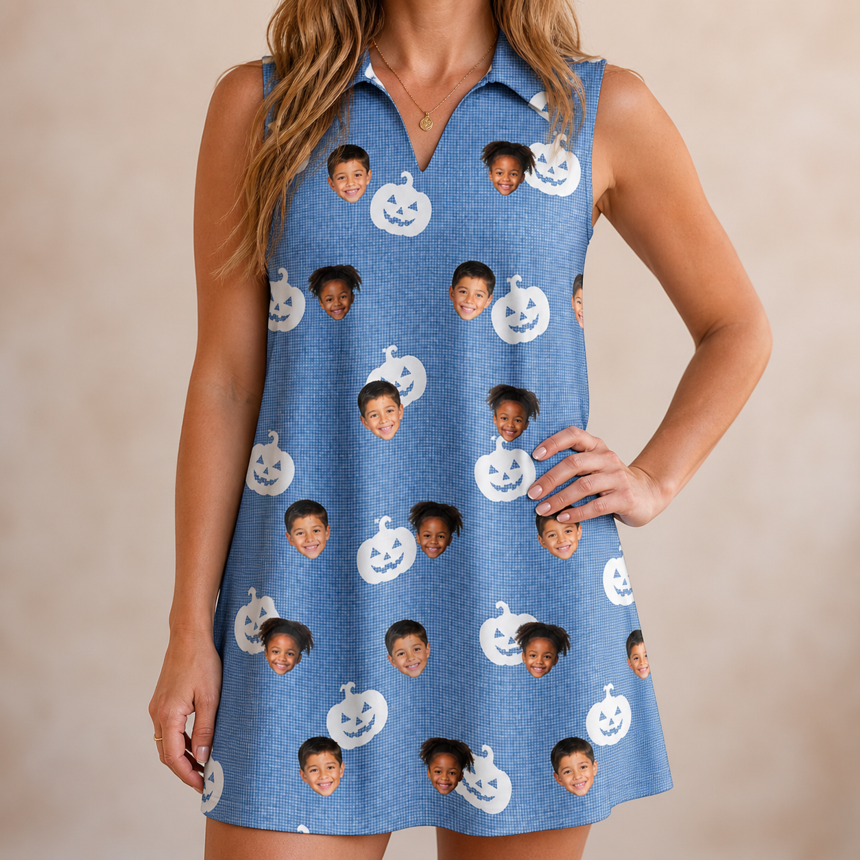 Model wearing Women's Autumn Orbs Custom Face V-Neck Dress printed with kids' faces