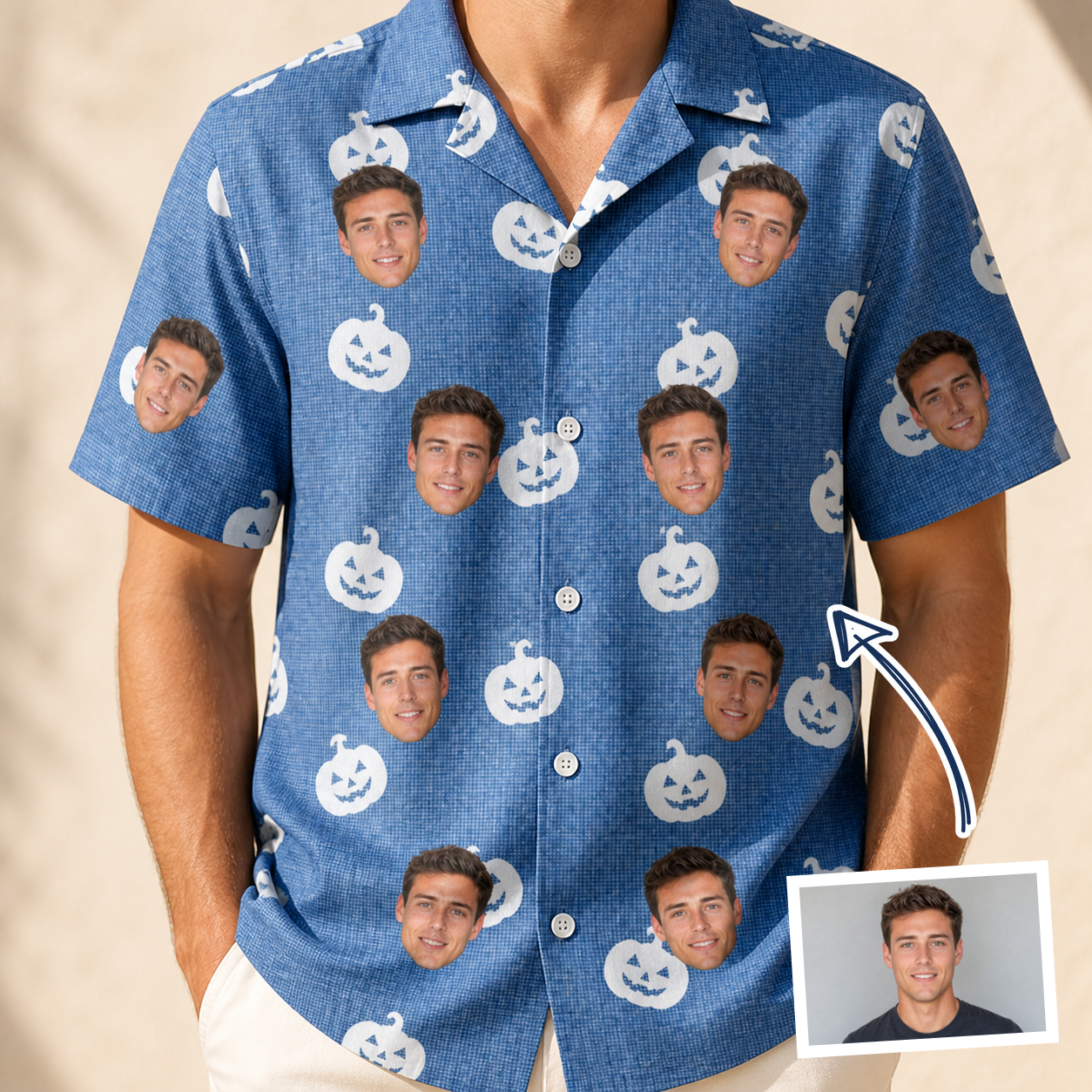 Man wearing Men's Autumn Orbs Custom Face Hawaiian Shirt — custom faces printed all-over