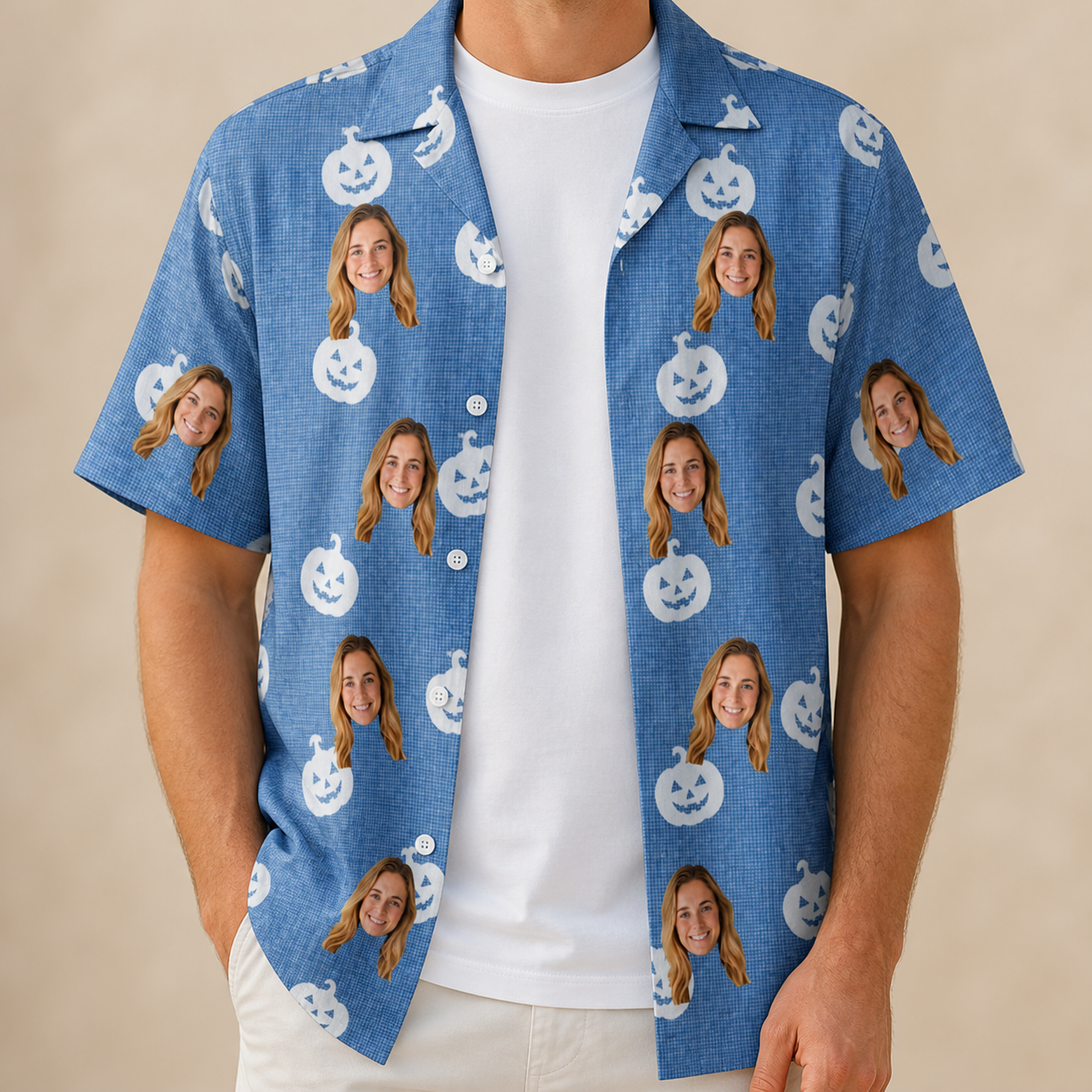Man wearing Men's Autumn Orbs Custom Face Hawaiian Shirt open over a white tee
