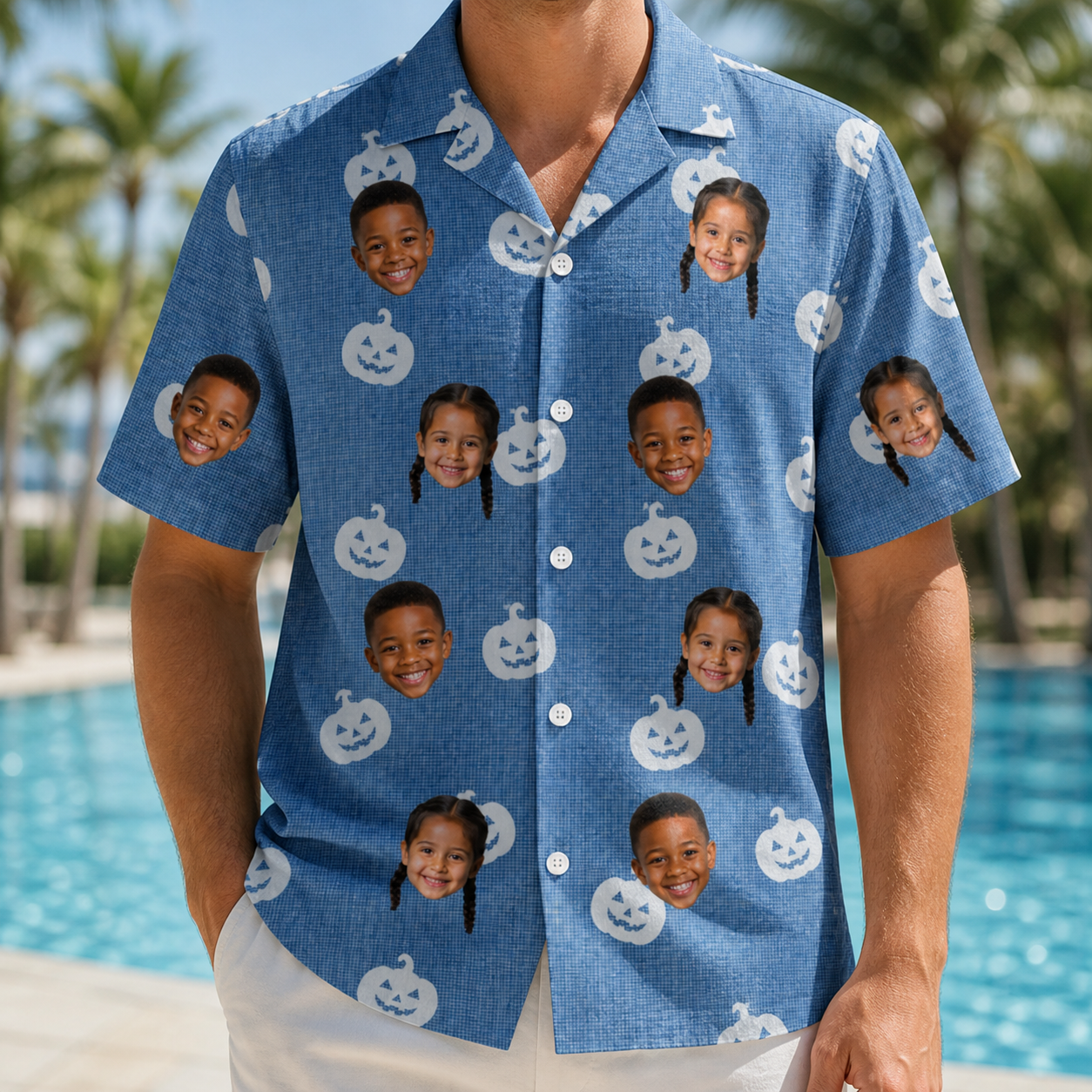 Model wearing Men's Autumn Orbs Custom Face Hawaiian Shirt printed with kids' faces