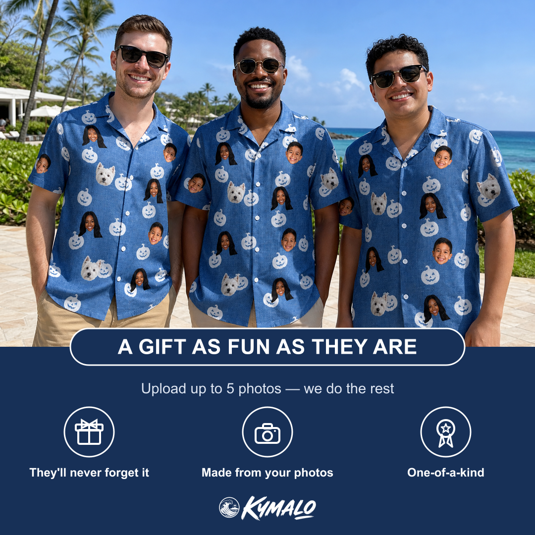 Friends in matching Men's Autumn Orbs Custom Face Hawaiian Shirt — a group gift photo