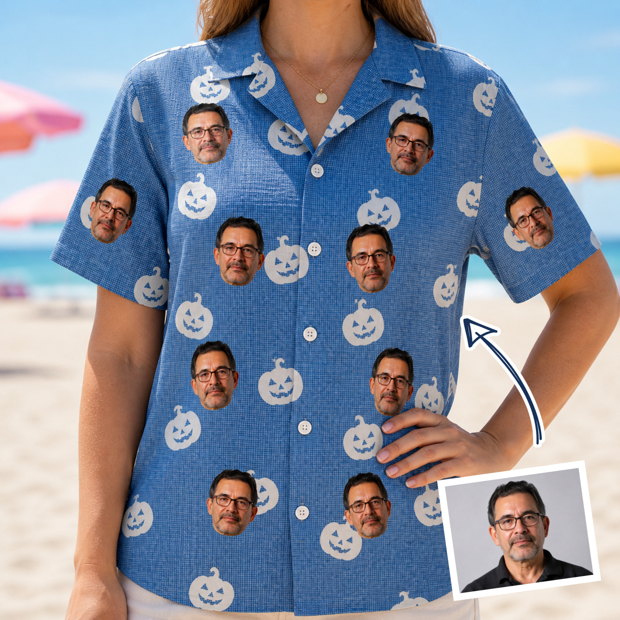 Woman wearing Women's Autumn Orbs Custom Face Hawaiian Shirt — custom faces printed all-over