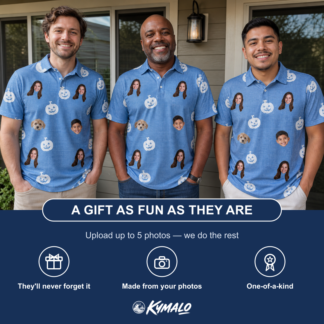 Friends in matching Men's Autumn Orbs Custom Face Polo Shirt — a group gift photo