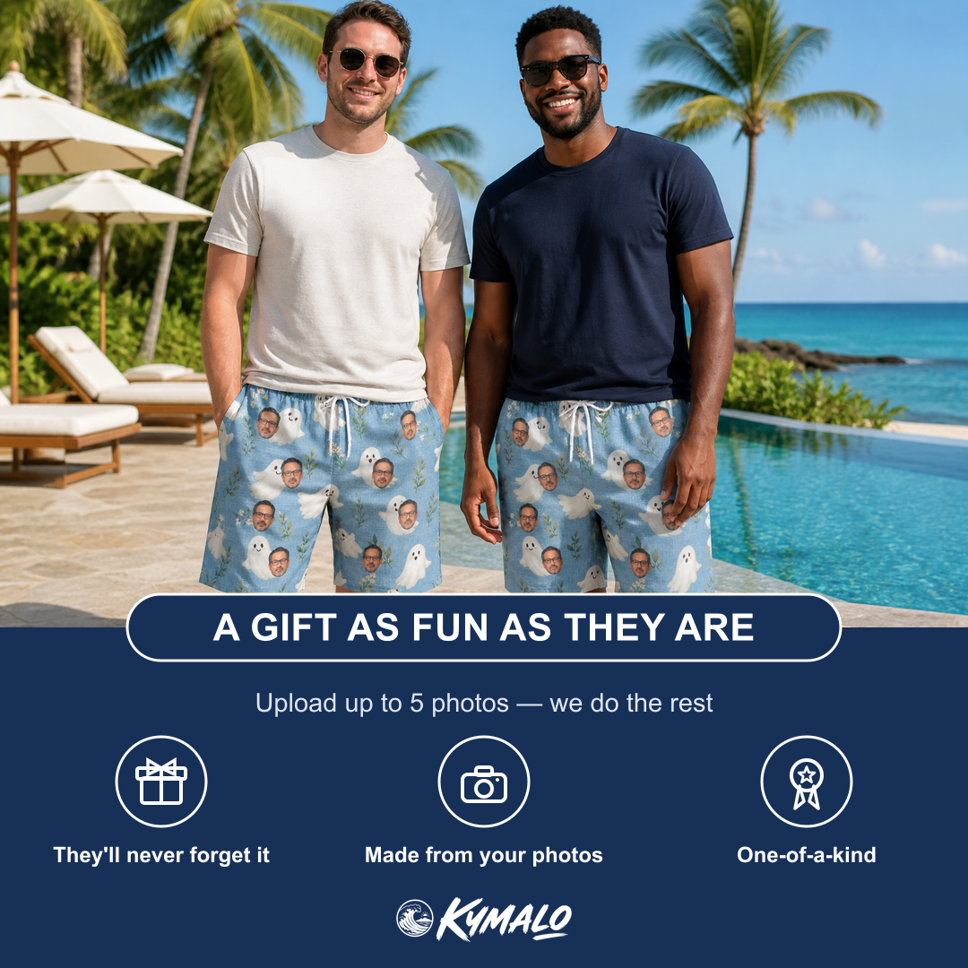 Friends in matching Men's Wisp Whimsy Custom Face Beach Shorts — a group gift photo