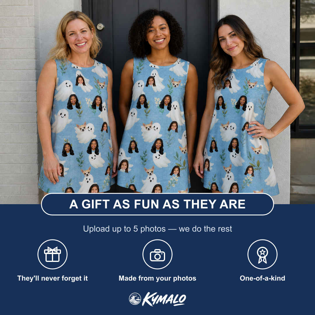 Friends in matching Women's Wisp Whimsy Custom Face Tank Dress — a group gift photo