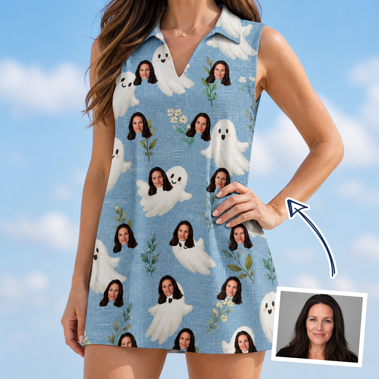 Woman wearing Women's Wisp Whimsy Custom Face V-Neck Dress — custom faces printed all-over