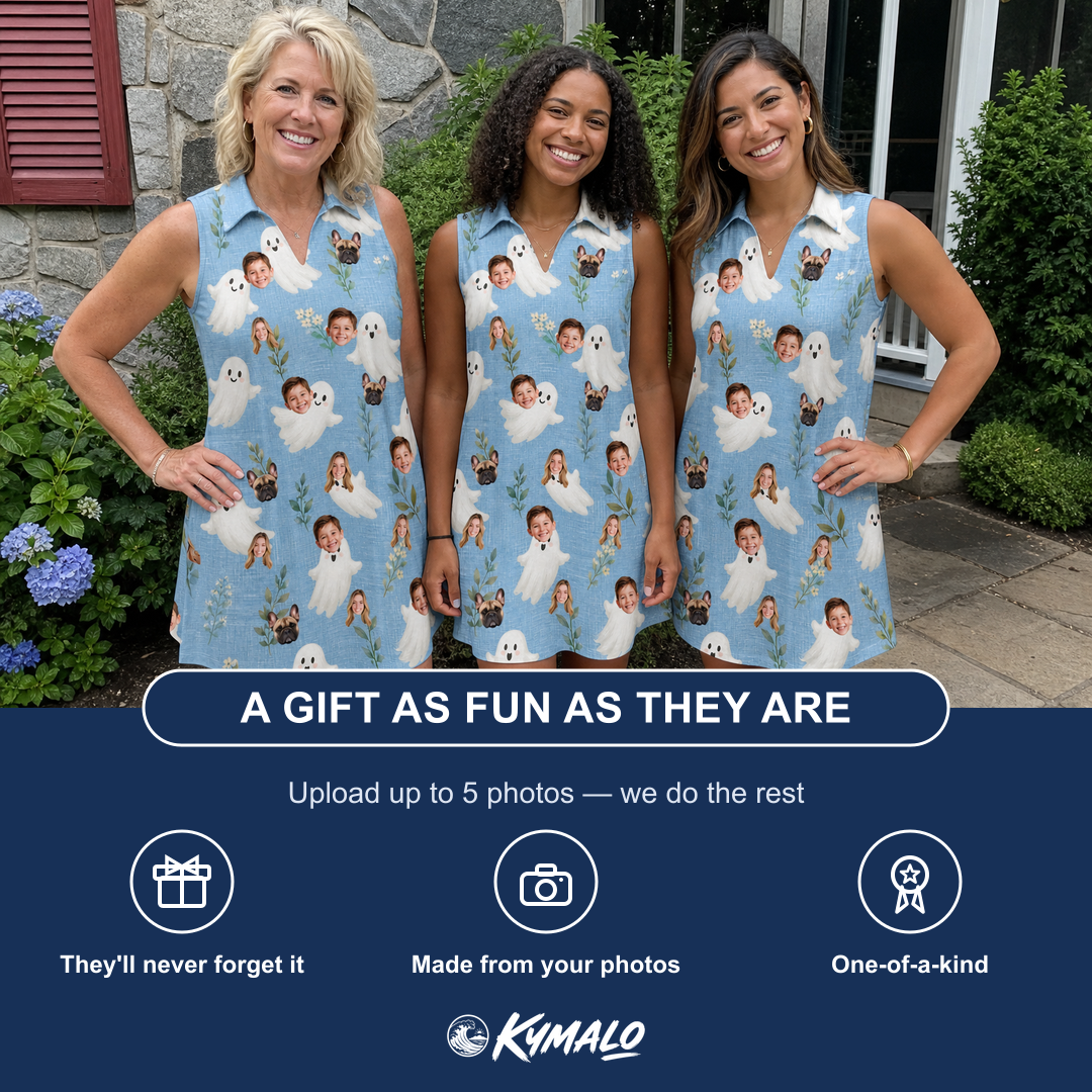 Friends in matching Women's Wisp Whimsy Custom Face V-Neck Dress — a group gift photo