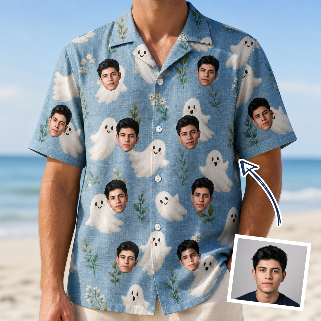 Man wearing Men's Wisp Whimsy Custom Face Hawaiian Shirt — custom faces printed all-over