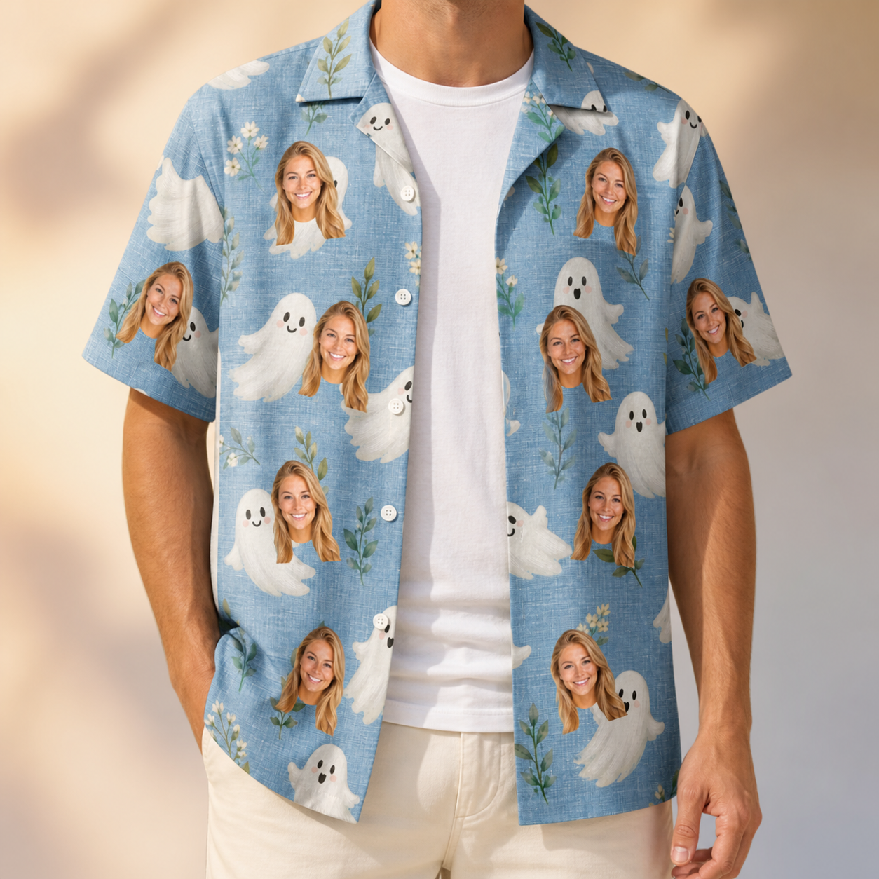 Man wearing Men's Wisp Whimsy Custom Face Hawaiian Shirt open over a white tee