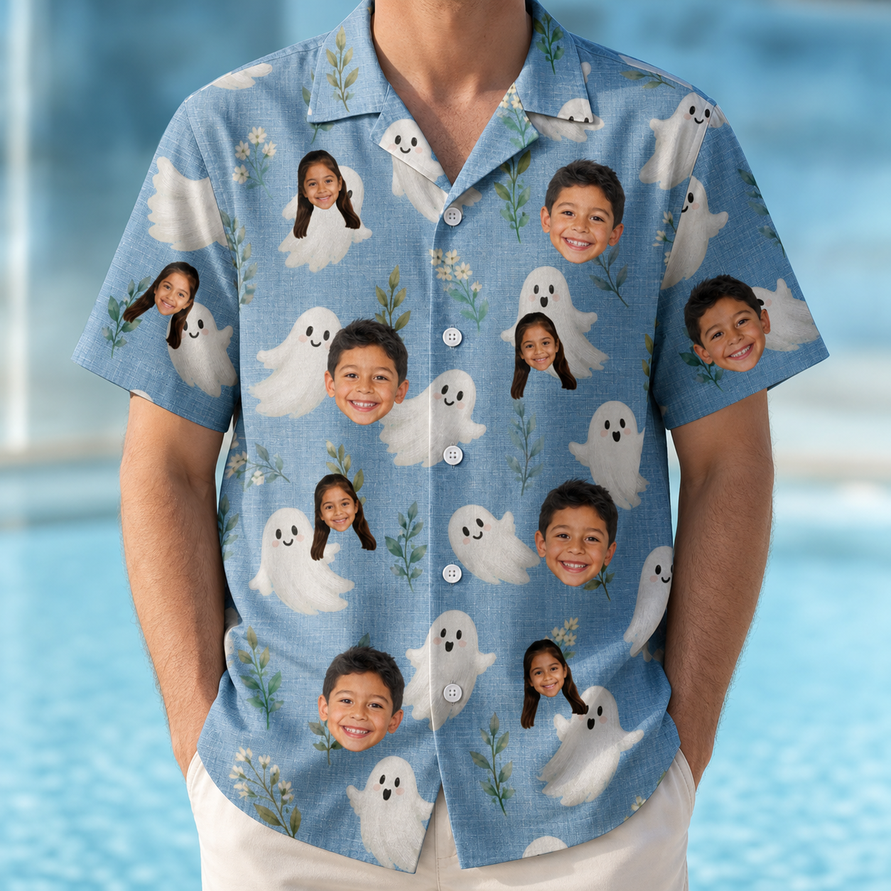 Model wearing Men's Wisp Whimsy Custom Face Hawaiian Shirt printed with kids' faces