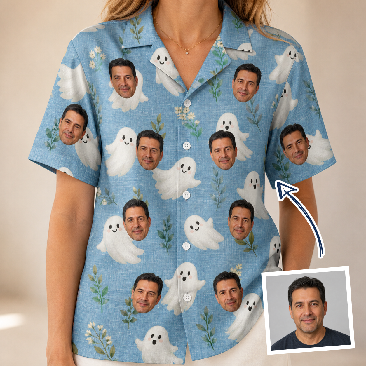 Woman wearing Women's Wisp Whimsy Custom Face Hawaiian Shirt — custom faces printed all-over