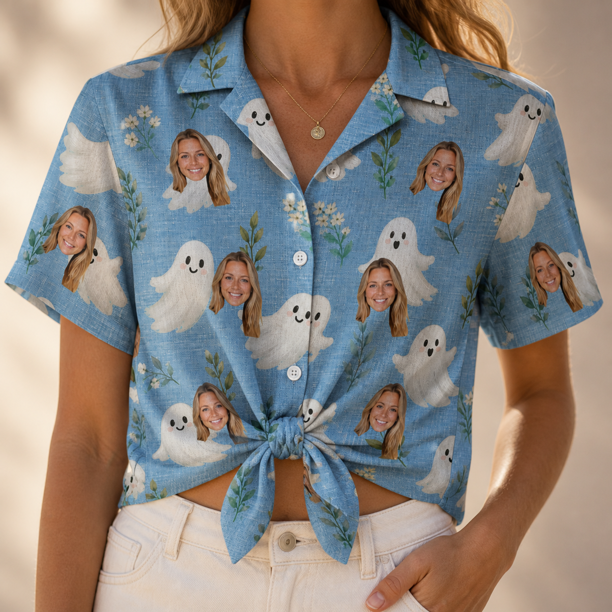 Woman wearing Women's Wisp Whimsy Custom Face Hawaiian Shirt tied at the waist