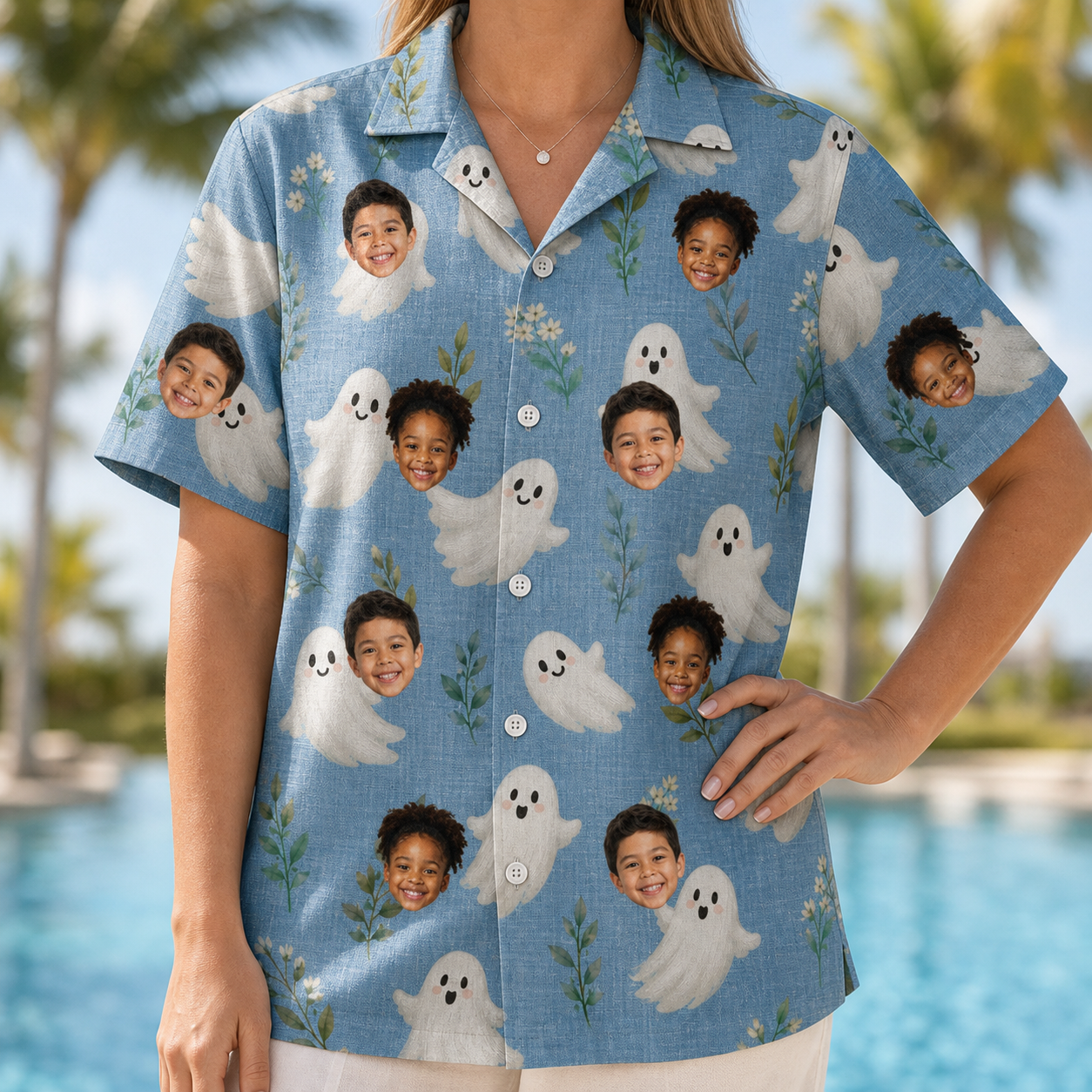 Model wearing Women's Wisp Whimsy Custom Face Hawaiian Shirt printed with kids' faces