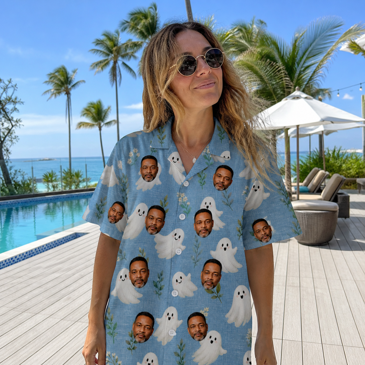 Real-life photo of someone wearing Women's Wisp Whimsy Custom Face Hawaiian Shirt — custom faces printed all-over