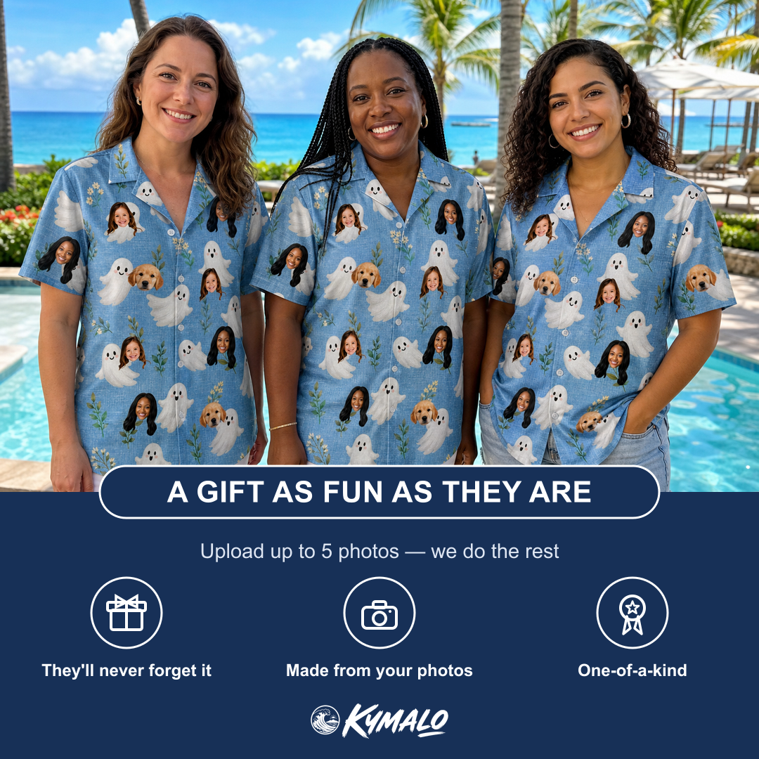 Friends in matching Women's Wisp Whimsy Custom Face Hawaiian Shirt — a group gift photo