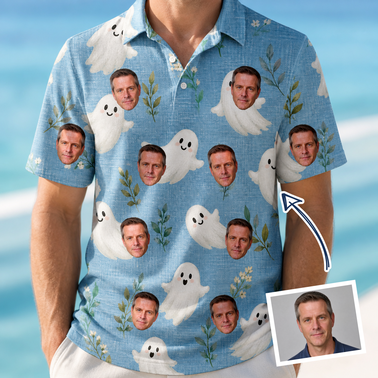 Man wearing Men's Wisp Whimsy Custom Face Polo Shirt — custom faces printed all-over