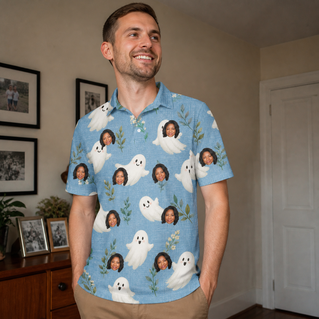 Real-life photo of someone wearing Men's Wisp Whimsy Custom Face Polo Shirt — custom faces printed all-over