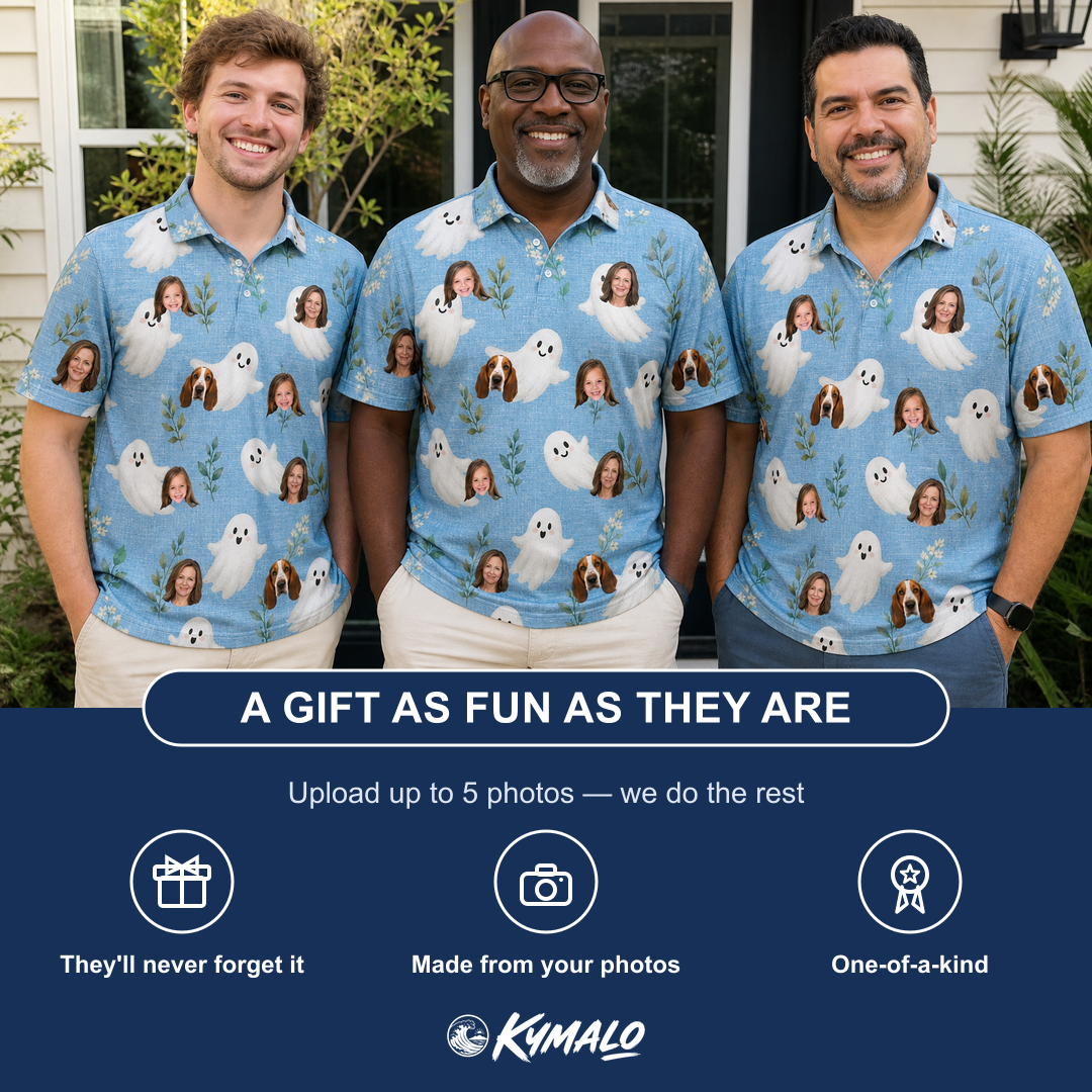 Friends in matching Men's Wisp Whimsy Custom Face Polo Shirt — a group gift photo