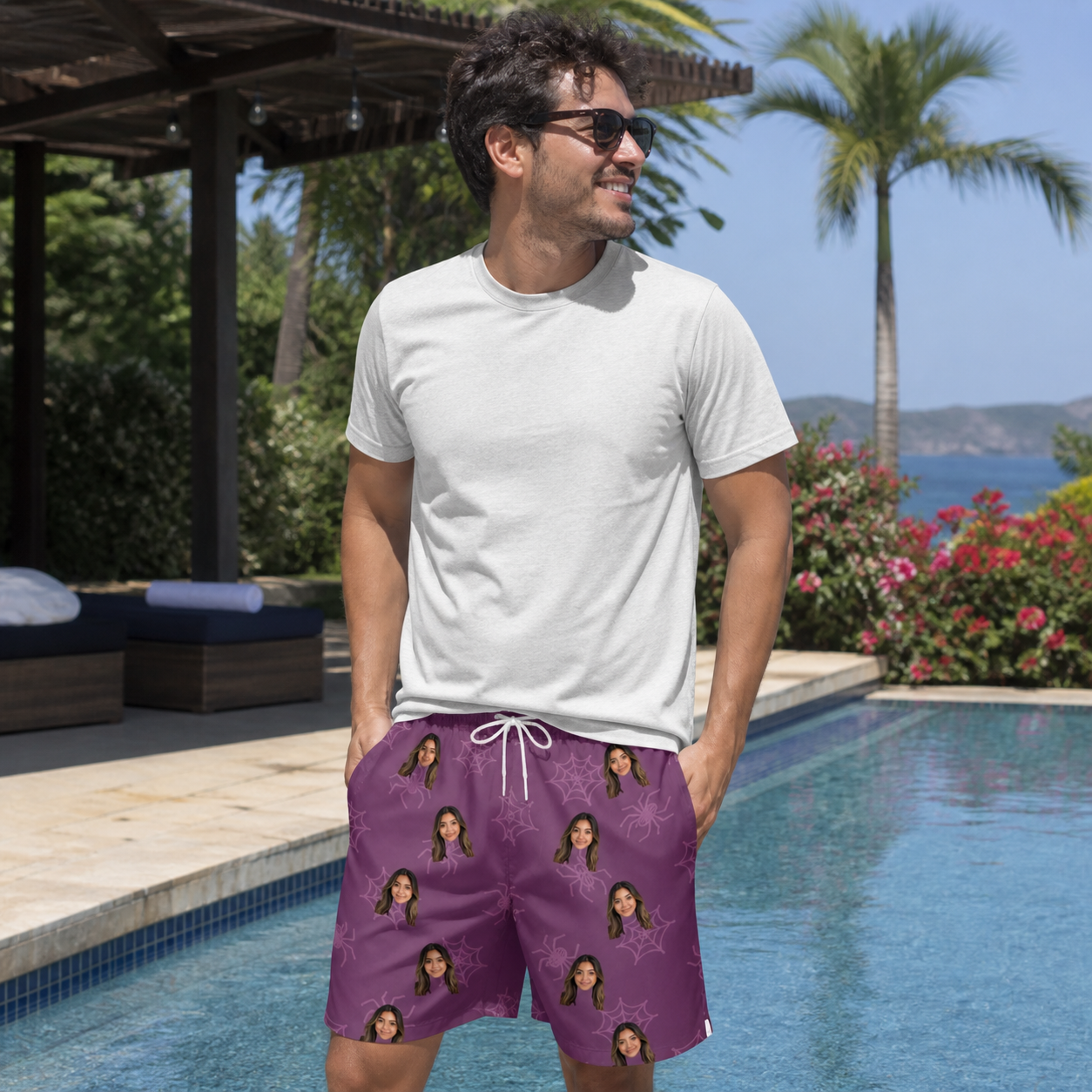 Real-life photo of someone wearing Men's Spindle Specters Custom Face Beach Shorts — custom faces printed all-over