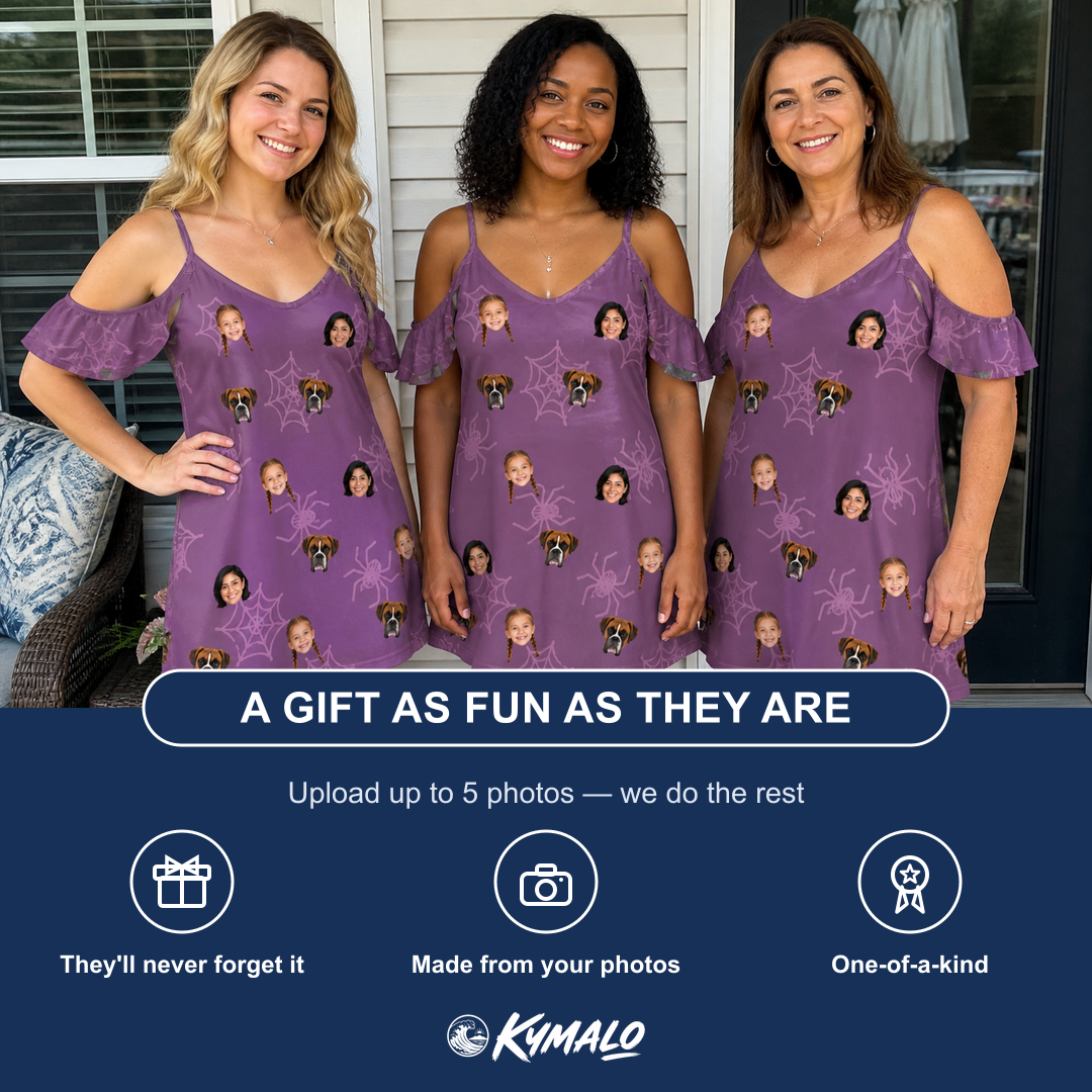 Friends in matching Women's Spindle Specters Custom Face Off-Shoulder Dress — a group gift photo