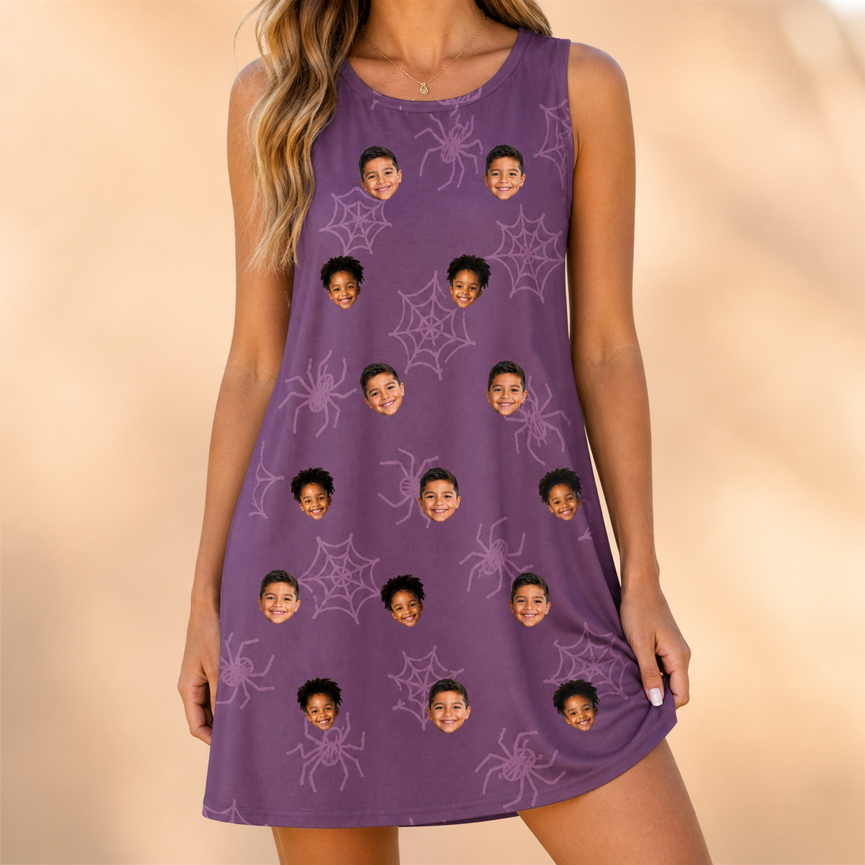 Model wearing Women's Spindle Specters Custom Face Tank Dress printed with kids' faces