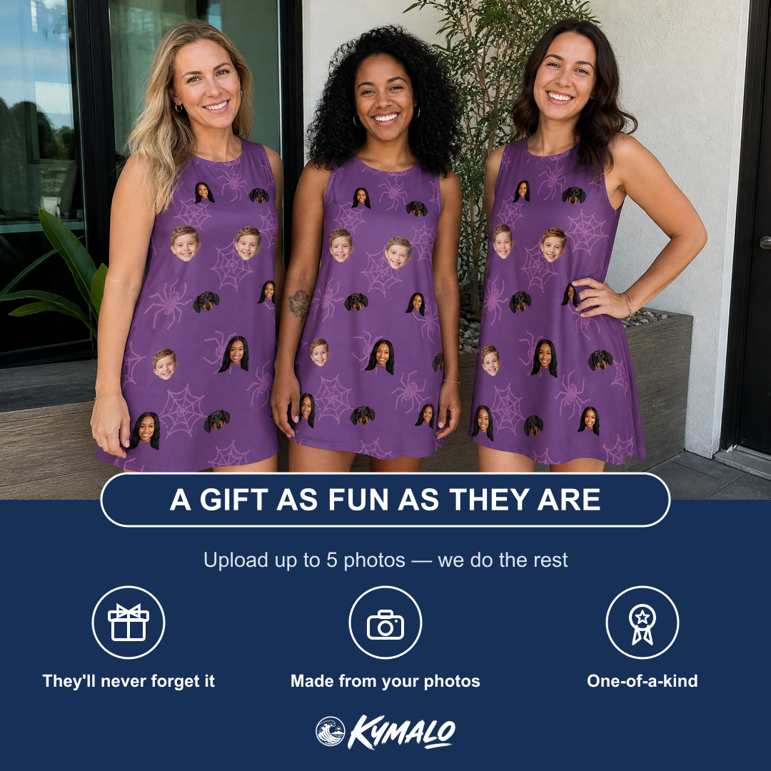 Friends in matching Women's Spindle Specters Custom Face Tank Dress — a group gift photo