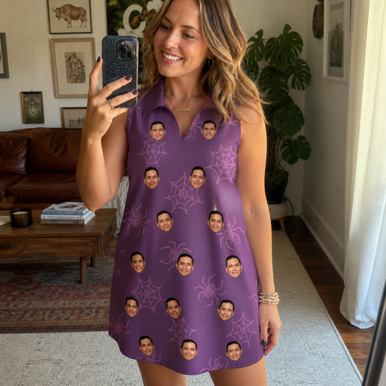 Real-life photo of someone wearing Women's Spindle Specters Custom Face V-Neck Dress — custom faces printed all-over