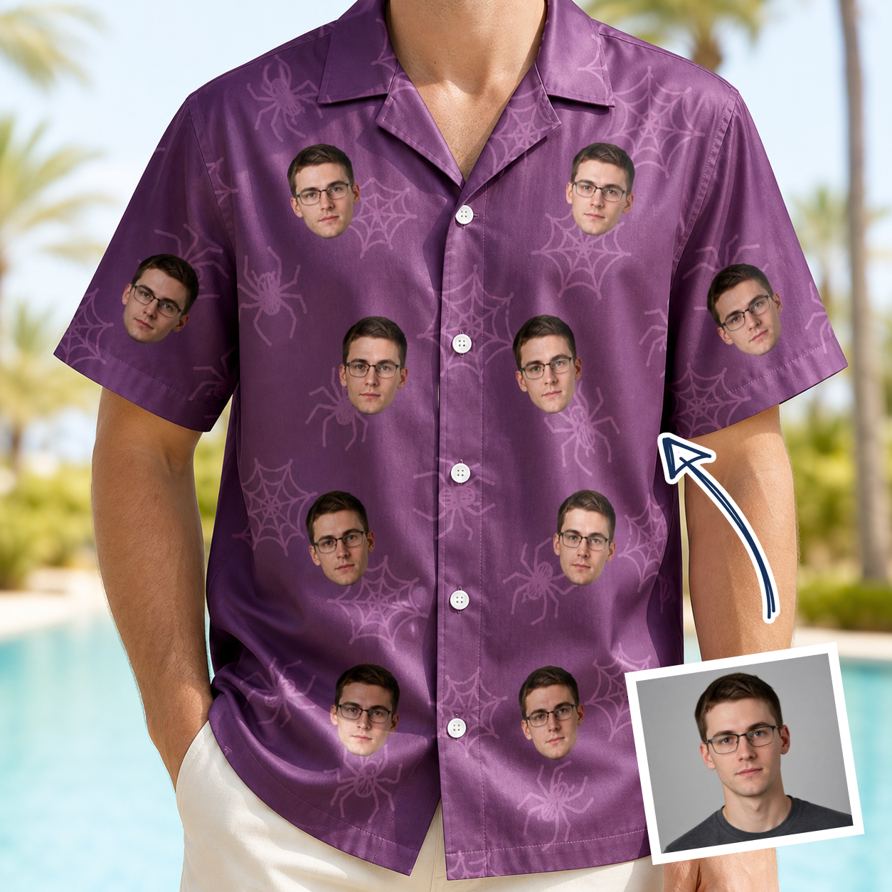 Man wearing Men's Spindle Specters Custom Face Hawaiian Shirt — custom faces printed all-over