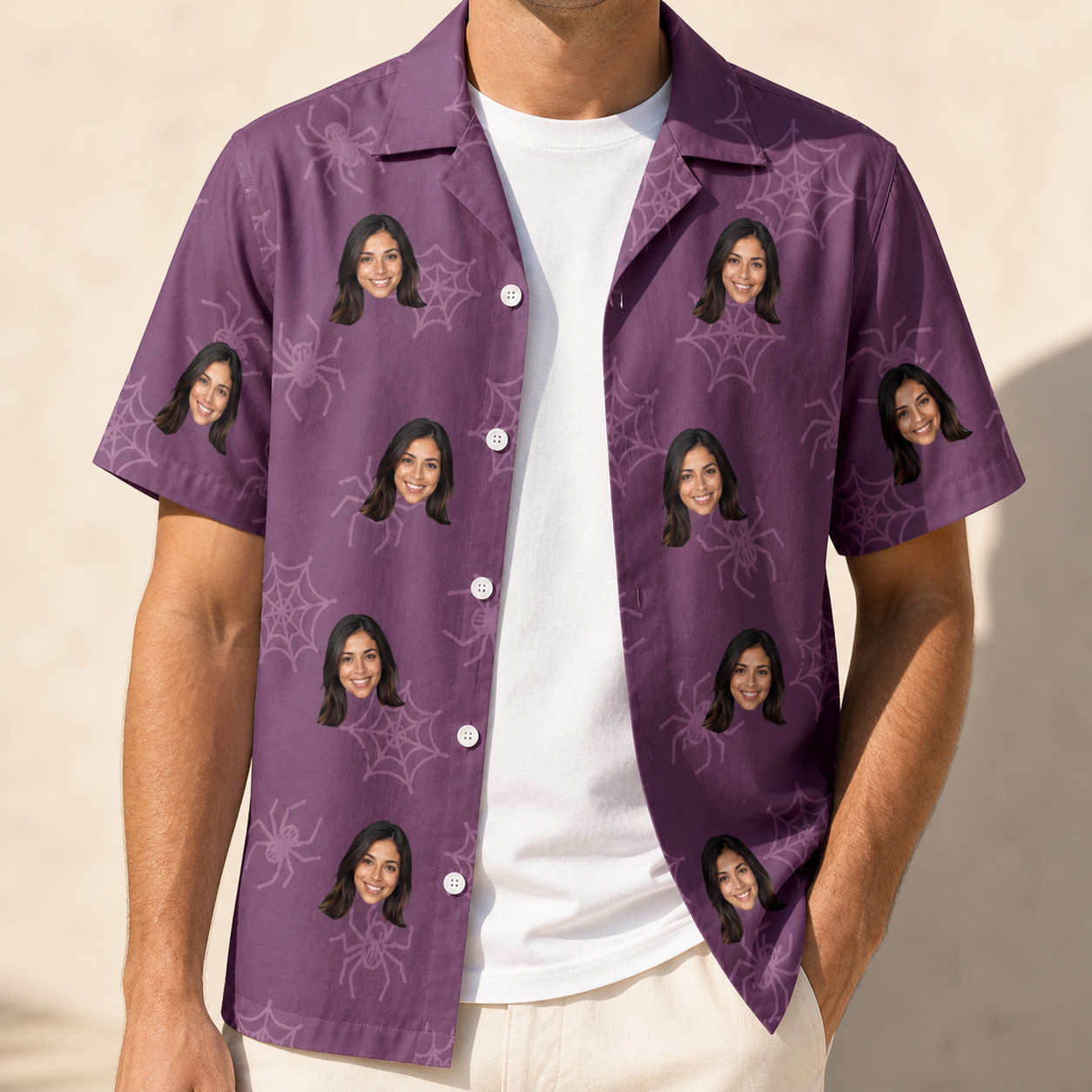 Man wearing Men's Spindle Specters Custom Face Hawaiian Shirt open over a white tee