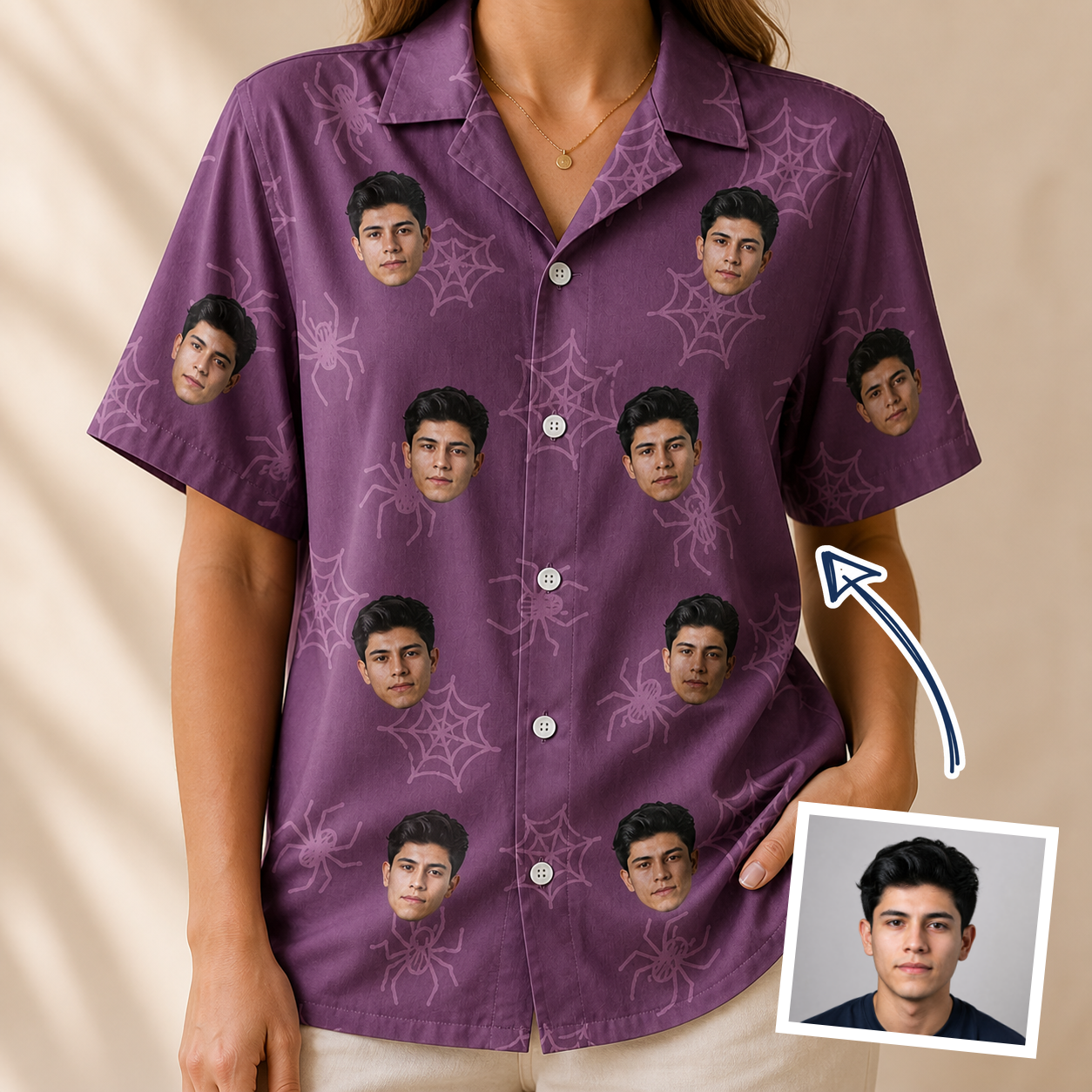 Woman wearing Women's Spindle Specters Custom Face Hawaiian Shirt — custom faces printed all-over