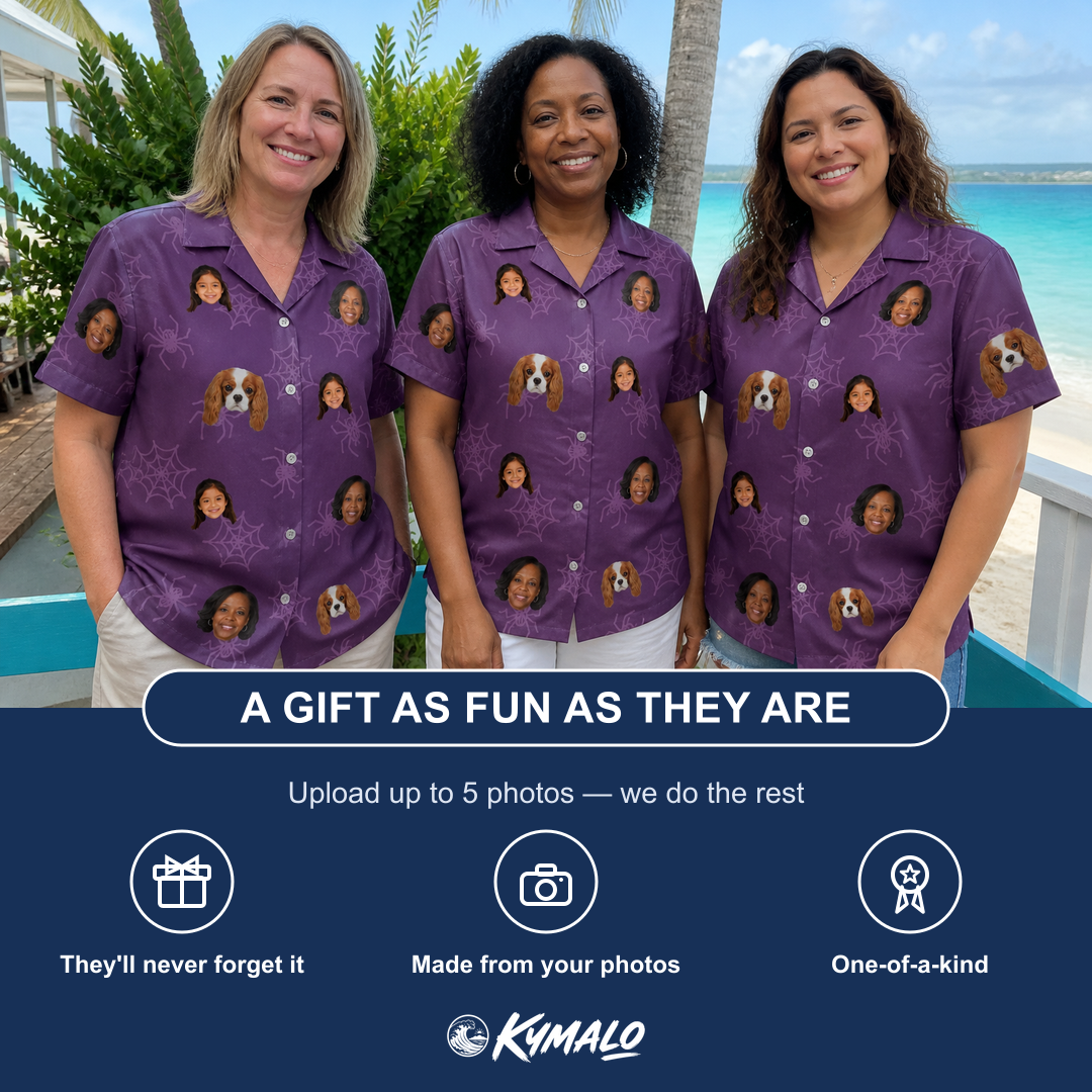 Friends in matching Women's Spindle Specters Custom Face Hawaiian Shirt — a group gift photo