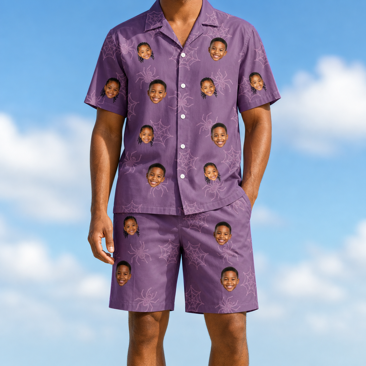 Model wearing Men's Spindle Specters Custom Face Shirt & Shorts Set printed with kids' faces