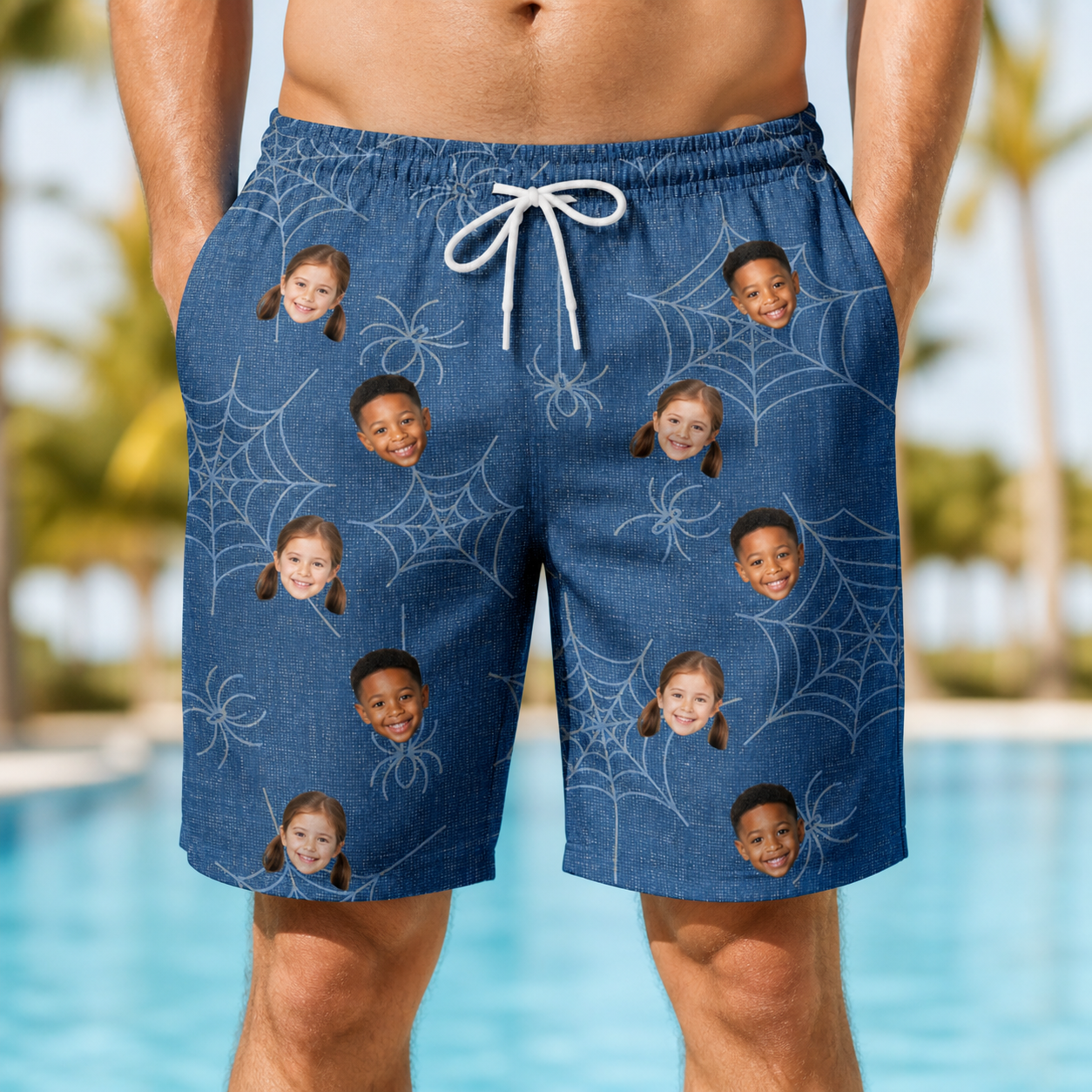 Model wearing Men's Silk Screams Custom Face Beach Shorts printed with kids' faces