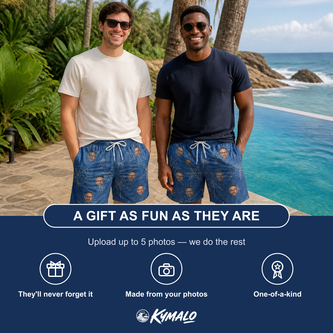Friends in matching Men's Silk Screams Custom Face Beach Shorts — a group gift photo