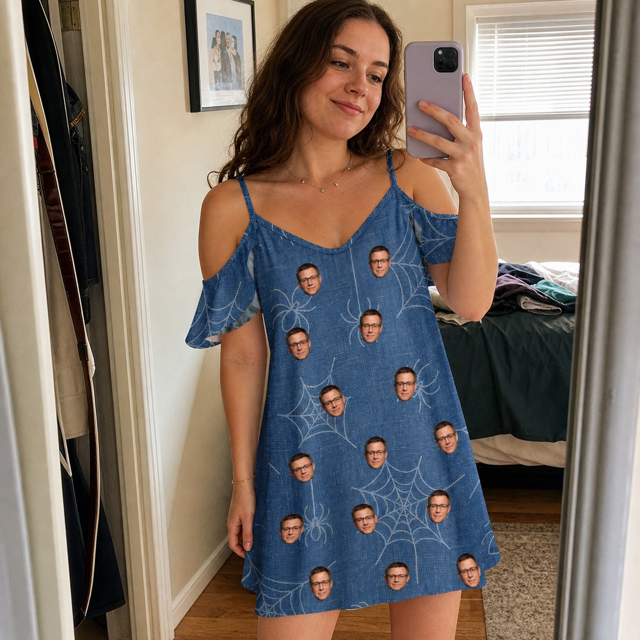 Real-life photo of someone wearing Women's Silk Screams Custom Face Off-Shoulder Dress — custom faces printed all-over