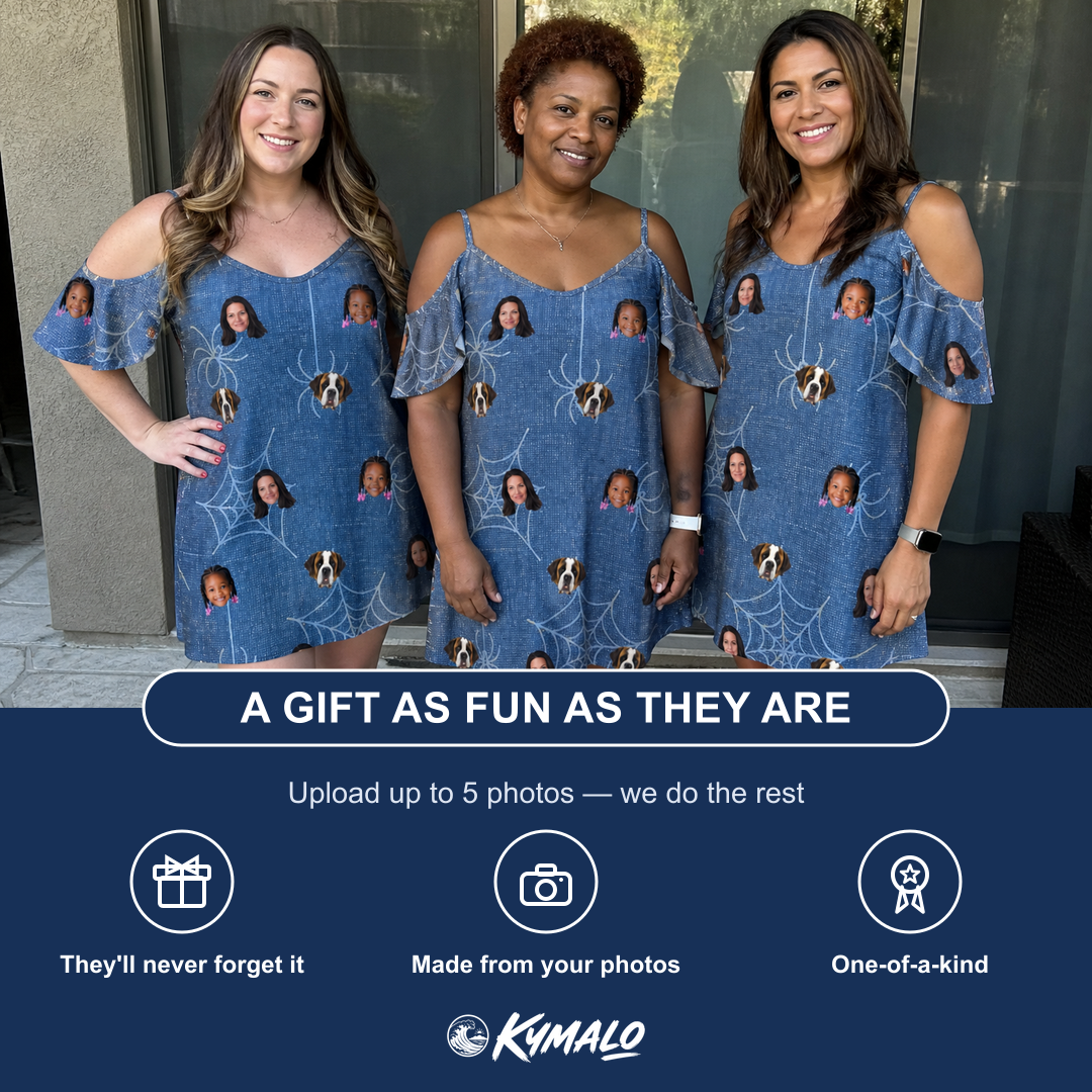 Friends in matching Women's Silk Screams Custom Face Off-Shoulder Dress — a group gift photo