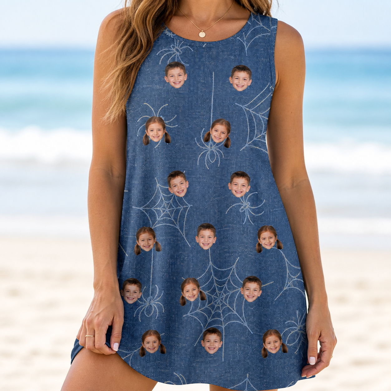 Model wearing Women's Silk Screams Custom Face Tank Dress printed with kids' faces