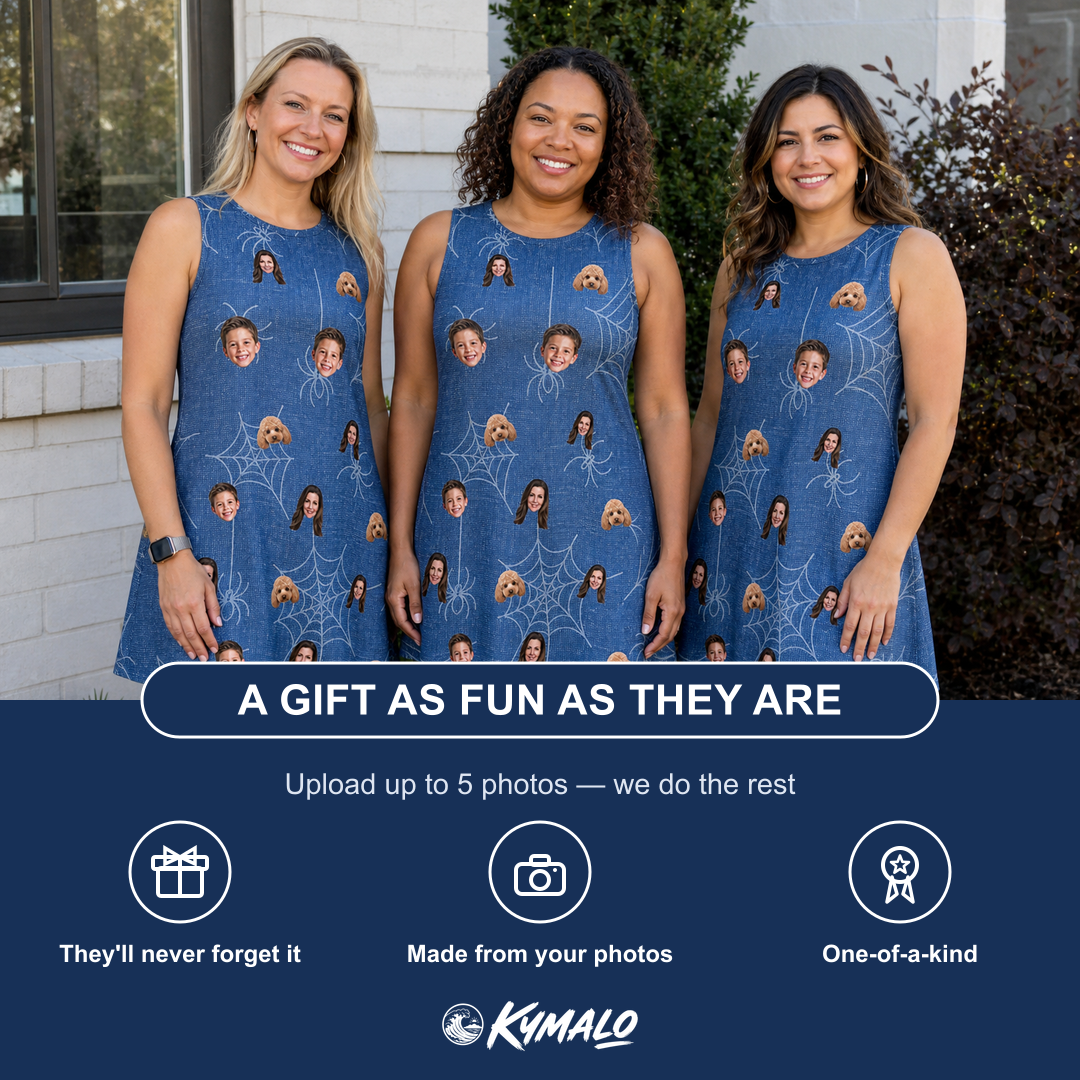 Friends in matching Women's Silk Screams Custom Face Tank Dress — a group gift photo