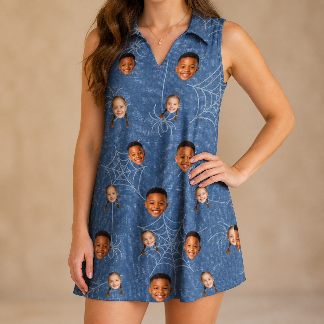Model wearing Women's Silk Screams Custom Face V-Neck Dress printed with kids' faces