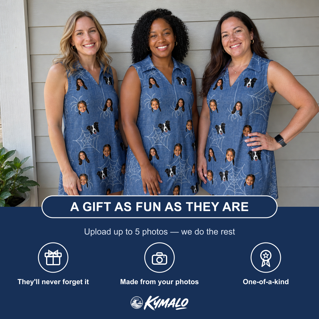 Friends in matching Women's Silk Screams Custom Face V-Neck Dress — a group gift photo